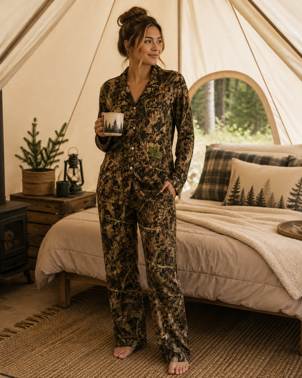 Women’s Camouflage Long Sleeve Pajama Top | Ladies Camo Button-up Sleepwear Shirt for Hunting, Fishing, and Camping Lovers