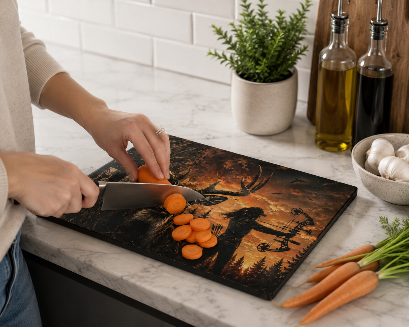 Deer Hunting Themed Glass Cutting Board | Outdoorswoman Bow Hunting American Flag Kitchen Decor