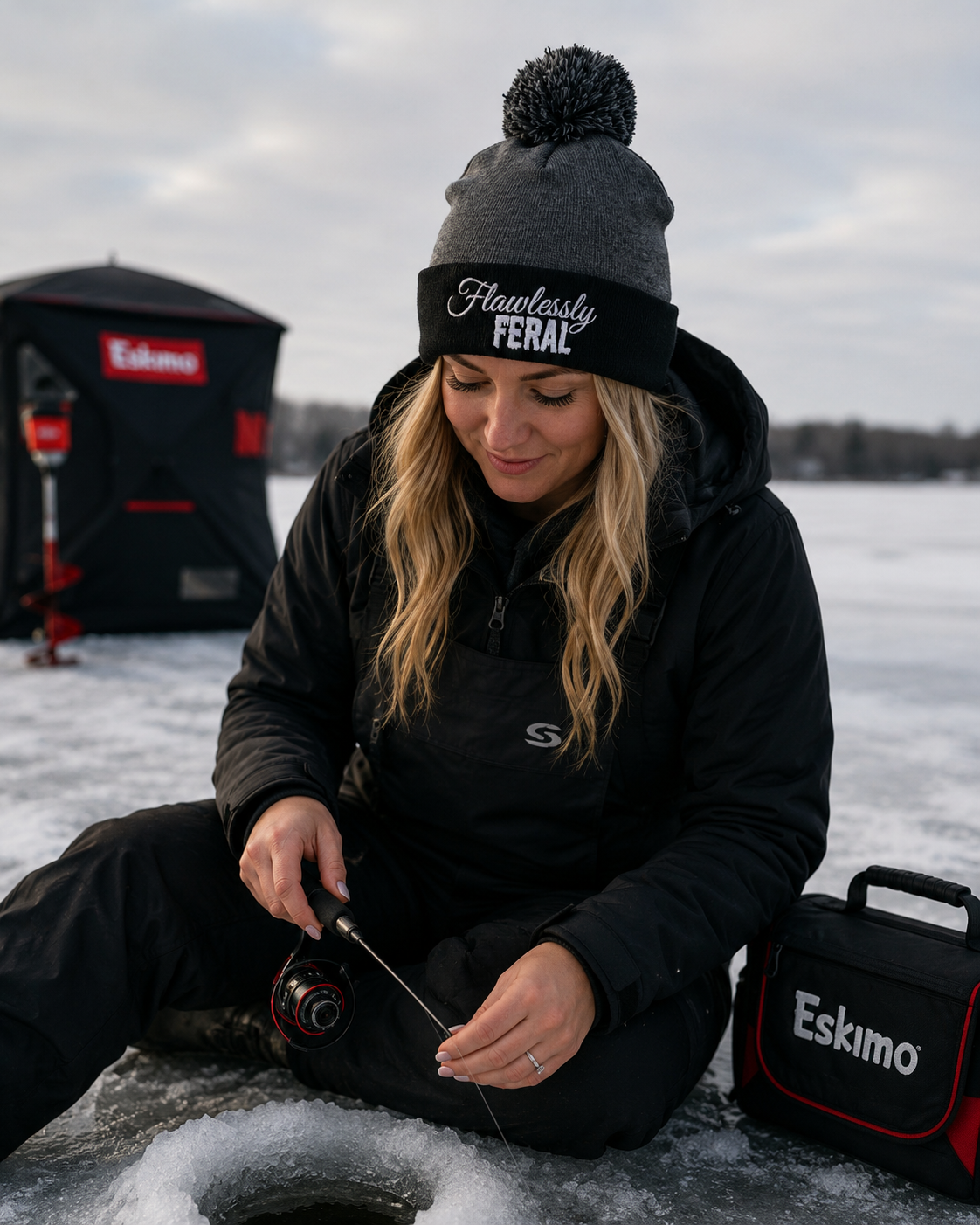 Women's Warm Ice Fishing Beanie | Ladies Winter Pom Hat for Cold Weather Activities like Snowboarding, Snowmobiling, Sledding, and Hunting