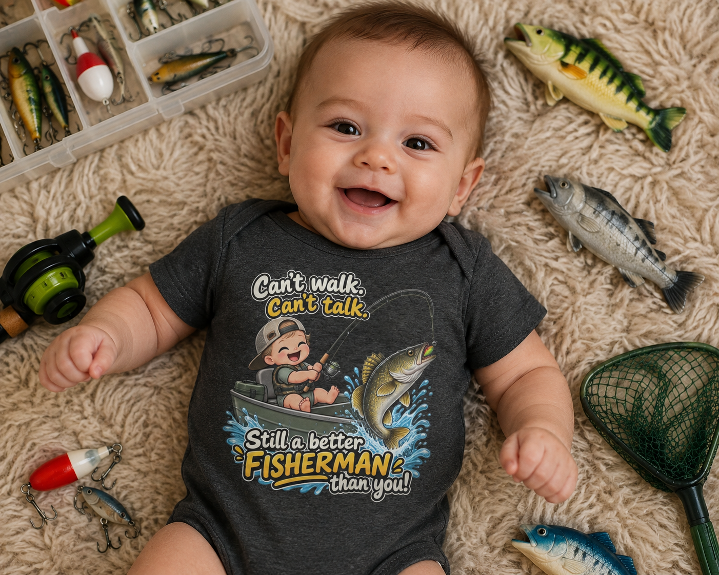 Funny Baby Fishing Onesie | Walleye Infant One-Piece Bodysuit | “Still a Better Fisherman Than You” Outdoorsy Newborn Outfit