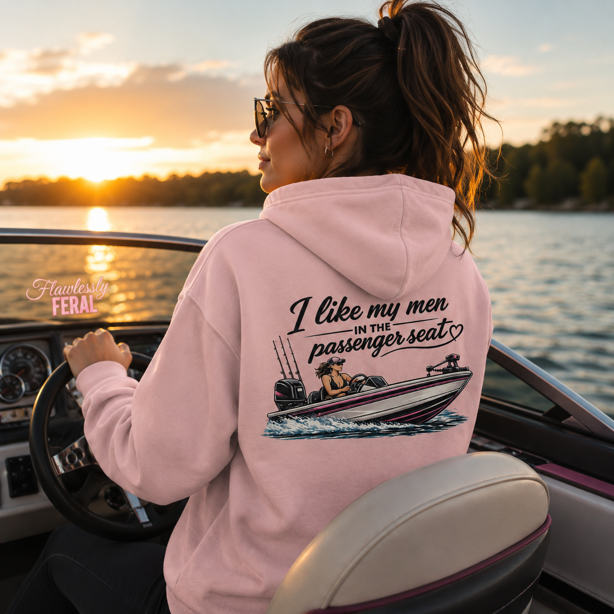 Women's Fishing Hoodie | Ladies Funny Boat Driver Sweatshirt | I Like My Men in the Passenger Seat