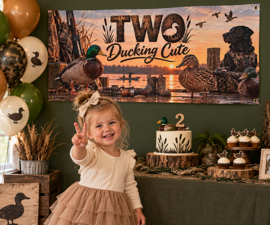 Two Ducking Cute Second Birthday Banner l Duck Hunting Themed Vinyl Tapestry for Outdoorsy Toddler's 2nd Birthday