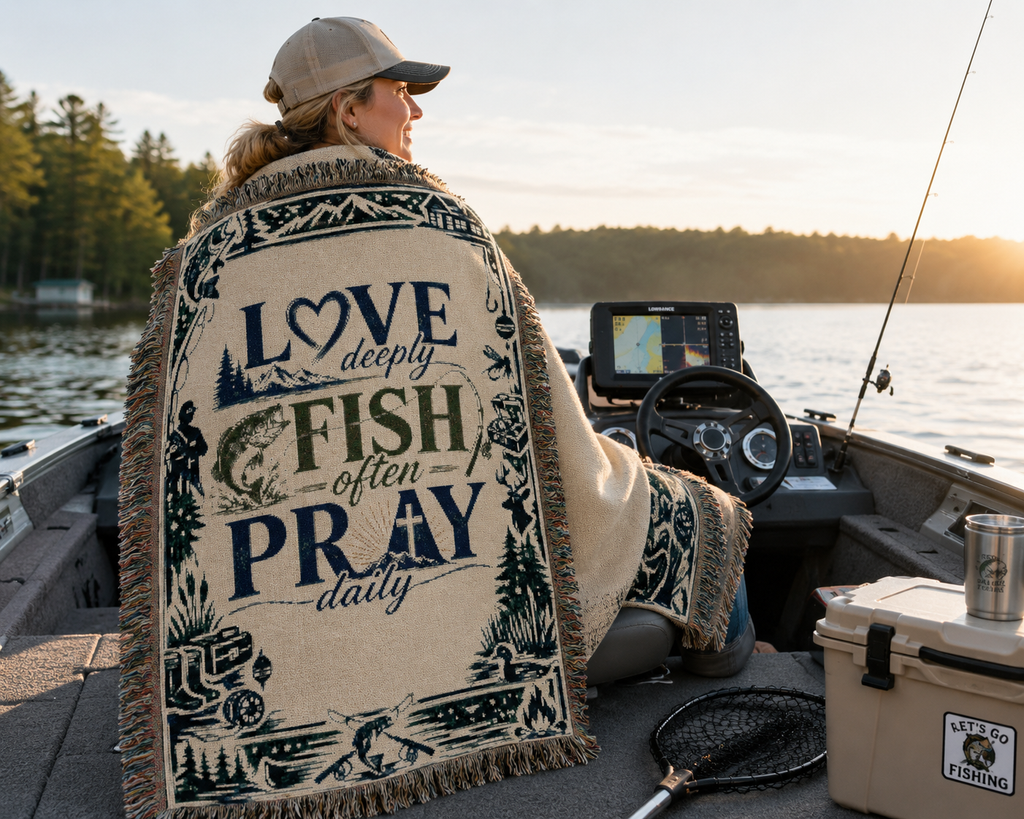 Fishing Themed Woven Blanket | Love Deeply, Fish Often, Pray Daily