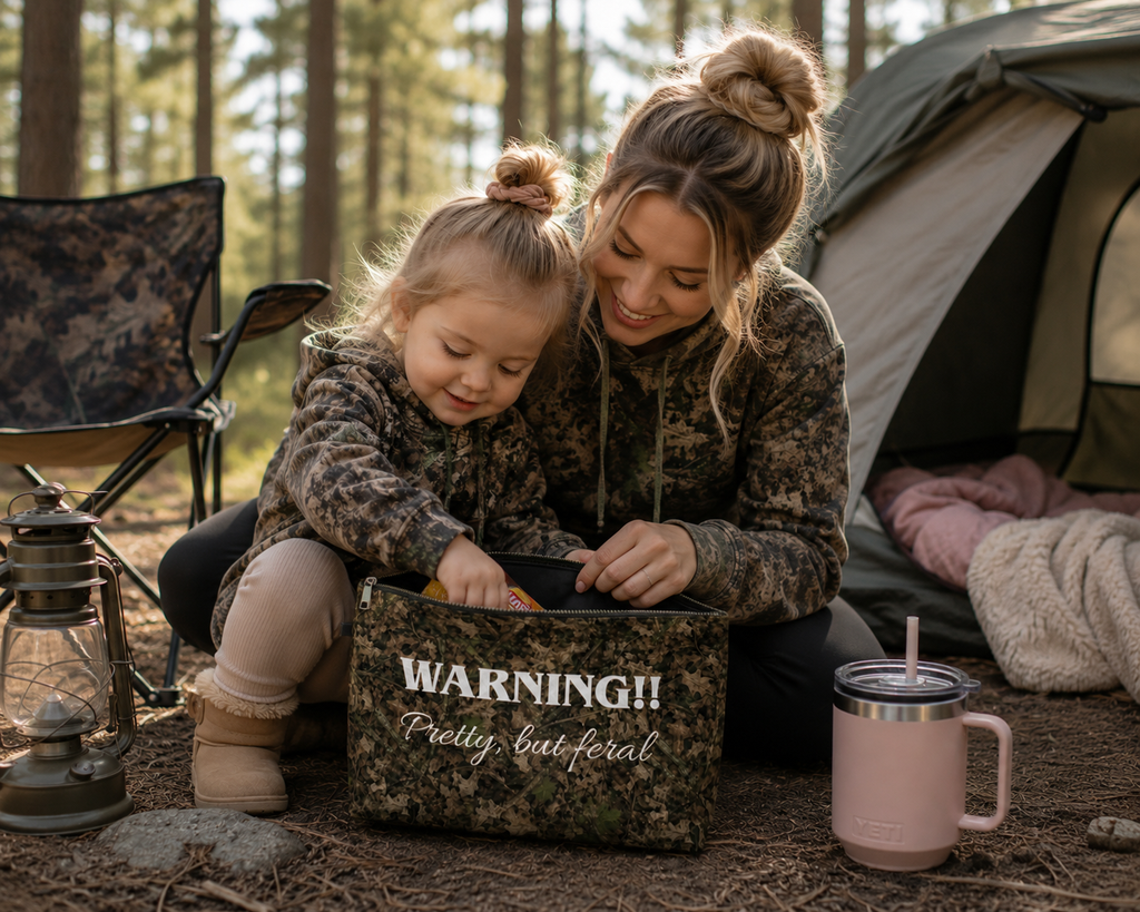 Camo Makeup Bag | 10" or 12" Camouflage Zippered Storage Bag for Hunting, Camping, and Fishing Trips | Warning Pretty but Feral