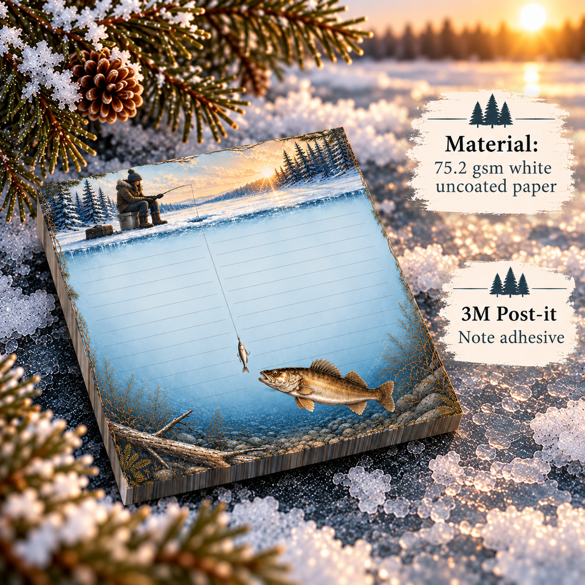 Ice Fishing Walleye Sticky Notes | Winter Fisherman Theme Post-it® Note Pad Gift for Outdoorsmen and Outdoorswomen