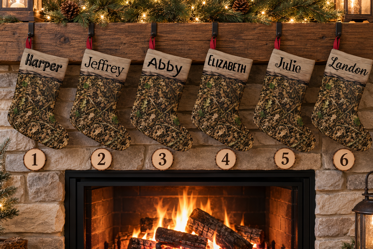 Personalized Camo Christmas Stocking | Woodland Camouflage Santa Stocking for Outdoorsy Hunting Families