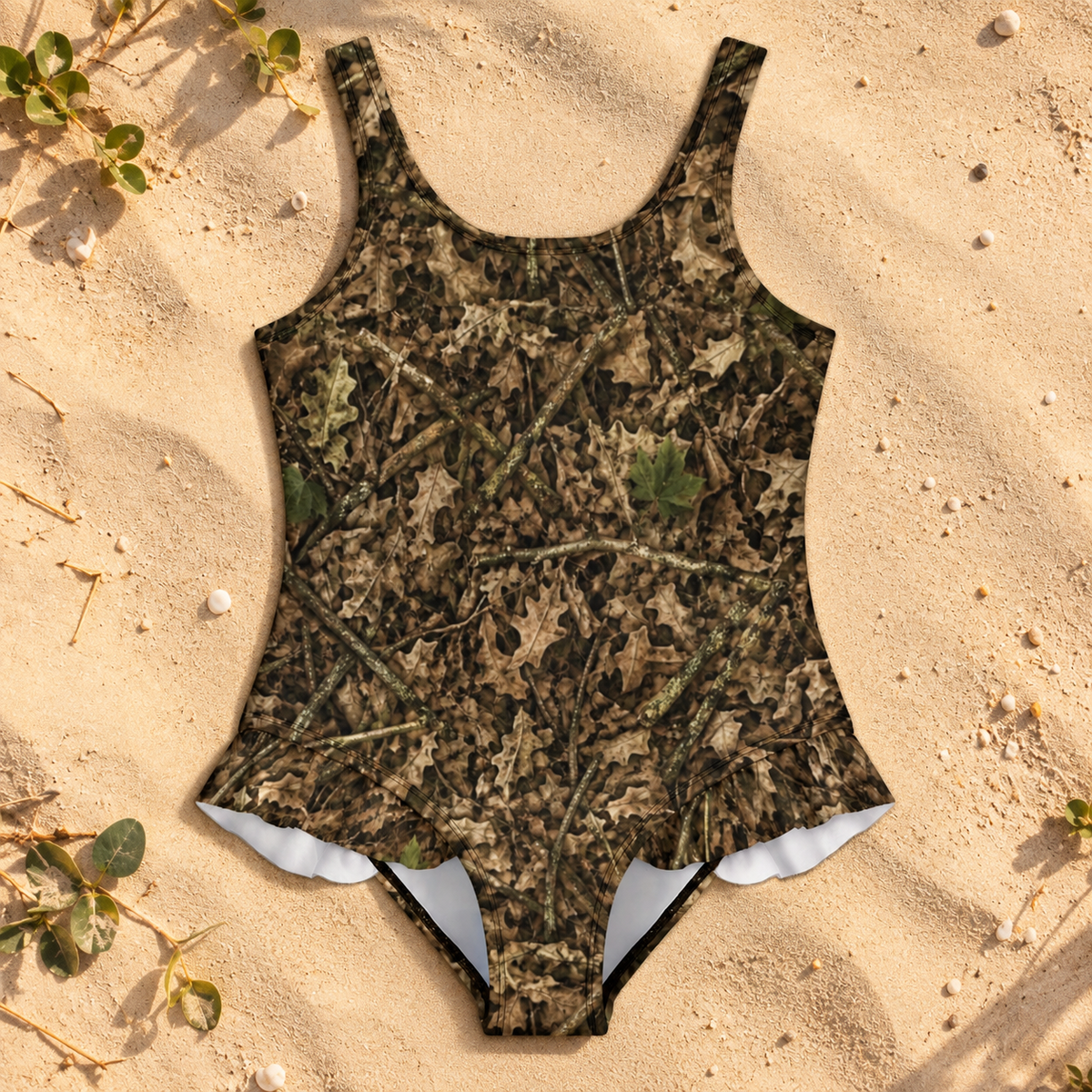 Girls Camouflage Ruffle Trim One Piece Swimsuit | Camo Swimwear for Outdoorsy Youth and Future Hunters