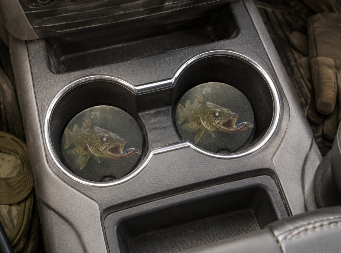Walleye Fishing Car Coaster | Fisherman Soapstone Drink Coasters for Center Console | Gift for Adventurous Outdoorsmen