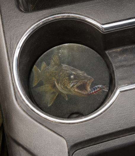 Walleye Fishing Car Coaster | Fisherman Soapstone Drink Coasters for Center Console | Gift for Adventurous Outdoorsmen