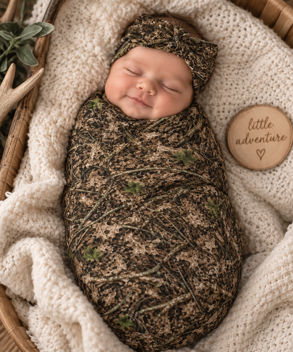 Camo Baby Swaddle Blanket and Bow Set | Camouflage Infant Headband and Swaddle Matching Set