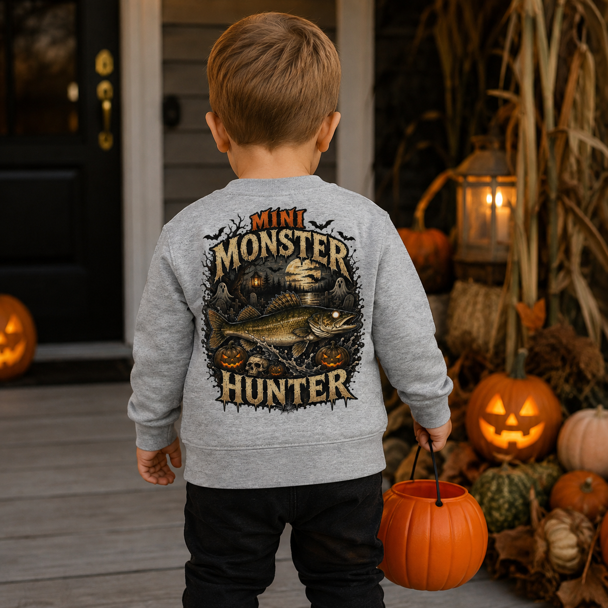 Toddler and Kids Halloween Fishing Sweatshirt | Youth Walleye Mini Monster Hunter Premium Sweater for Fishing, Camping, and Hunting Trips