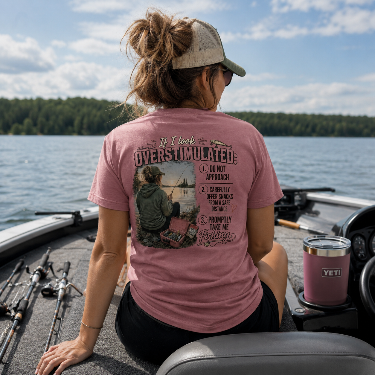 Overstimulated Mama Fishing V Neck Tee | Feed Me Snacks and Take Me Fishing Outdoorswoman T-Shirt