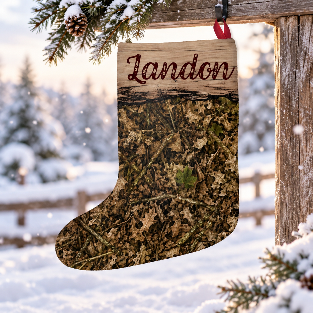 Personalized Camo Christmas Stocking | Woodland Camouflage Santa Stocking for Outdoorsy Hunting Families