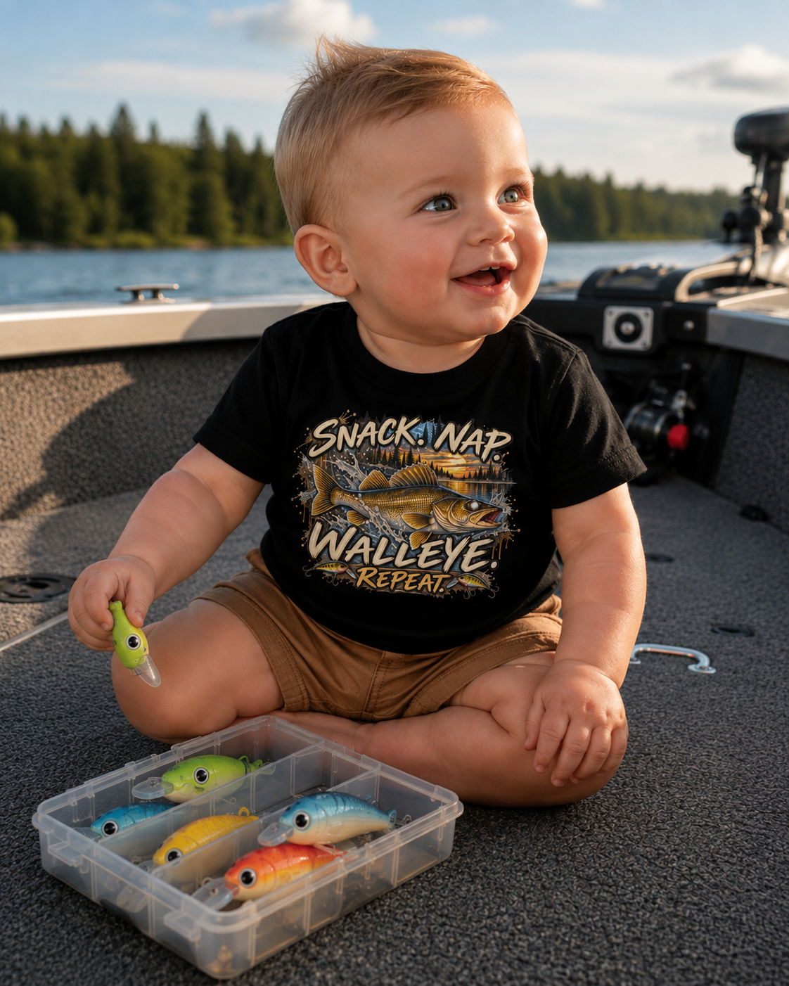 Baby Walleye Fishing T-Shirt | Snack Nap Walleye Repeat Infant Fisherman Short Sleeve Tee for Fishing, Camping, Hunting, and Outdoor Lovers