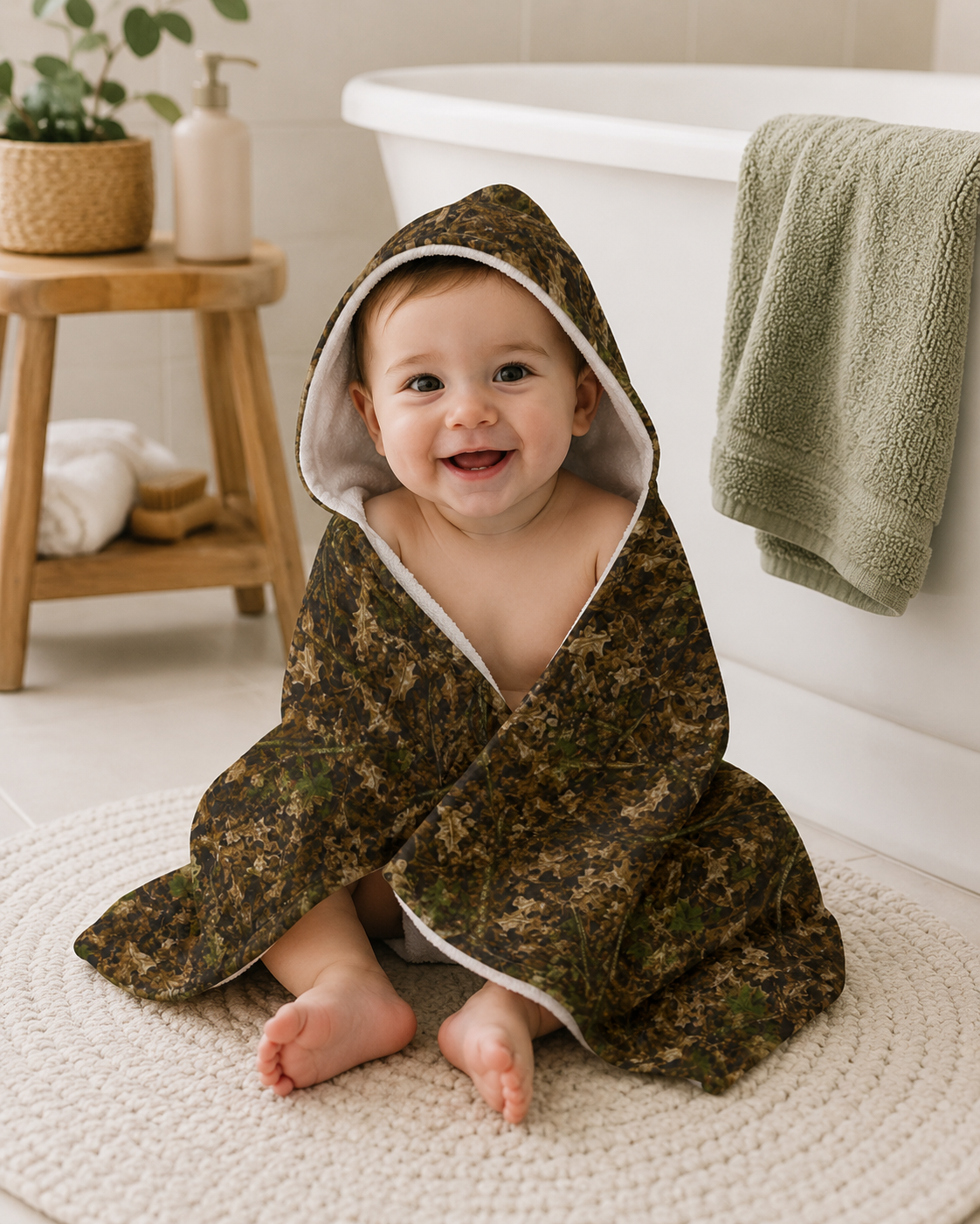 Camouflage Hooded Baby Towel | Woodland Camo Hunting Themed Soft Fleece Bath Towel for Outdoorsy Infants and Rustic Cabin Nursery Room