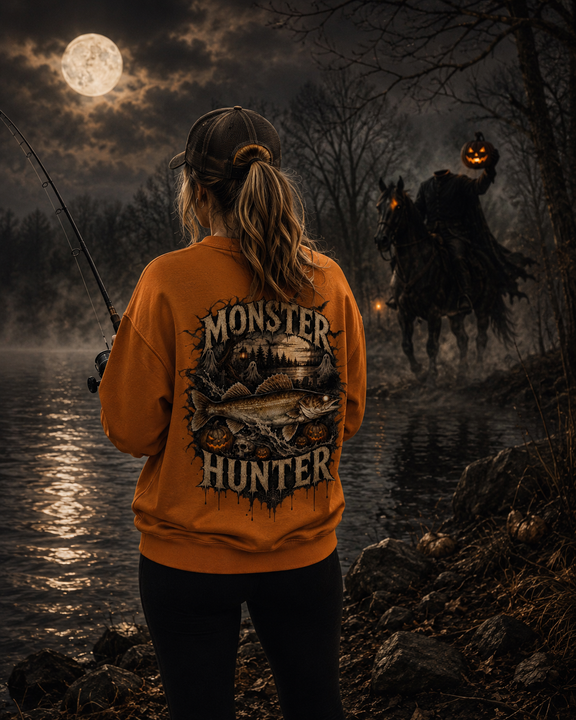 Men's and Women's Halloween Fishing Sweatshirt | Walleye Monster Hunter Premium Sweater for Fall Fishing, Camping, and Hunting Trips