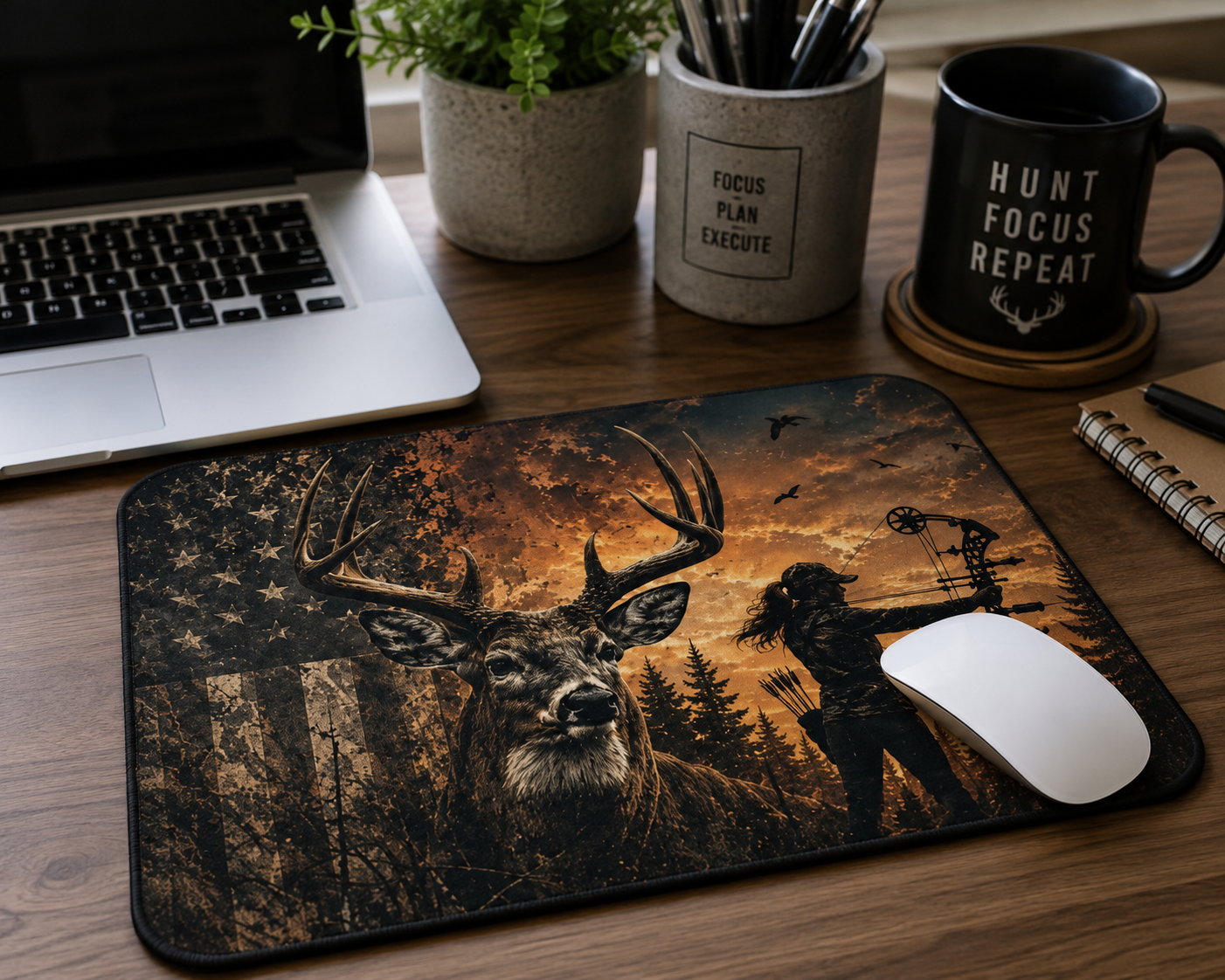 Patriotic Bow Hunting Mouse Pad | Rustic Deer & American Flag Desk Mat for Hunters