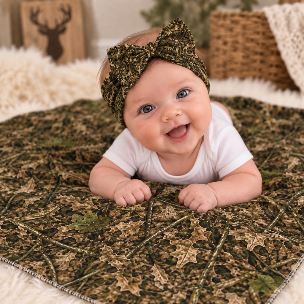 Camo Baby Swaddle Blanket and Bow Set | Camouflage Infant Headband and Swaddle Matching Set