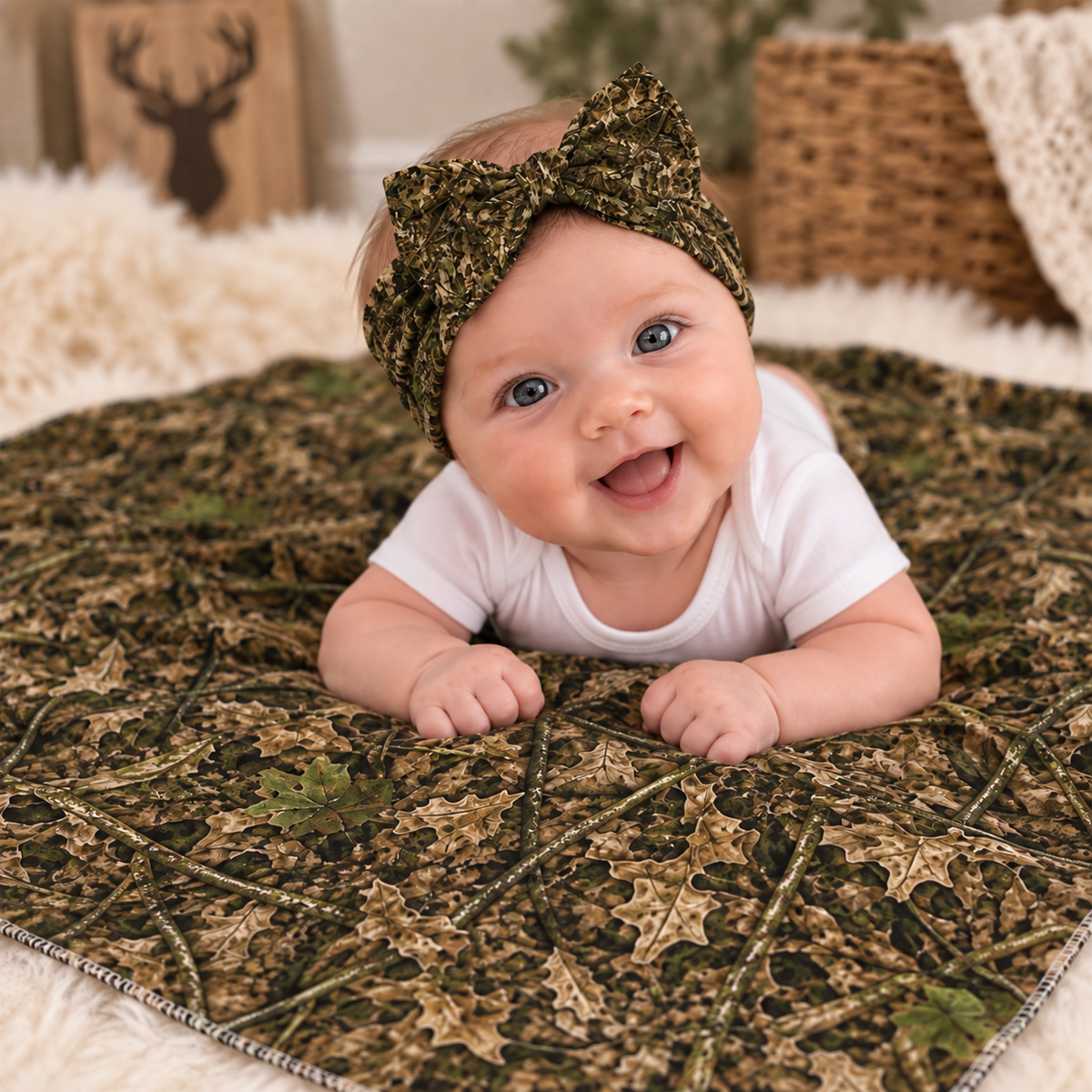 Camo Baby Swaddle Blanket and Bow Set | Camouflage Infant Headband and Swaddle Matching Set