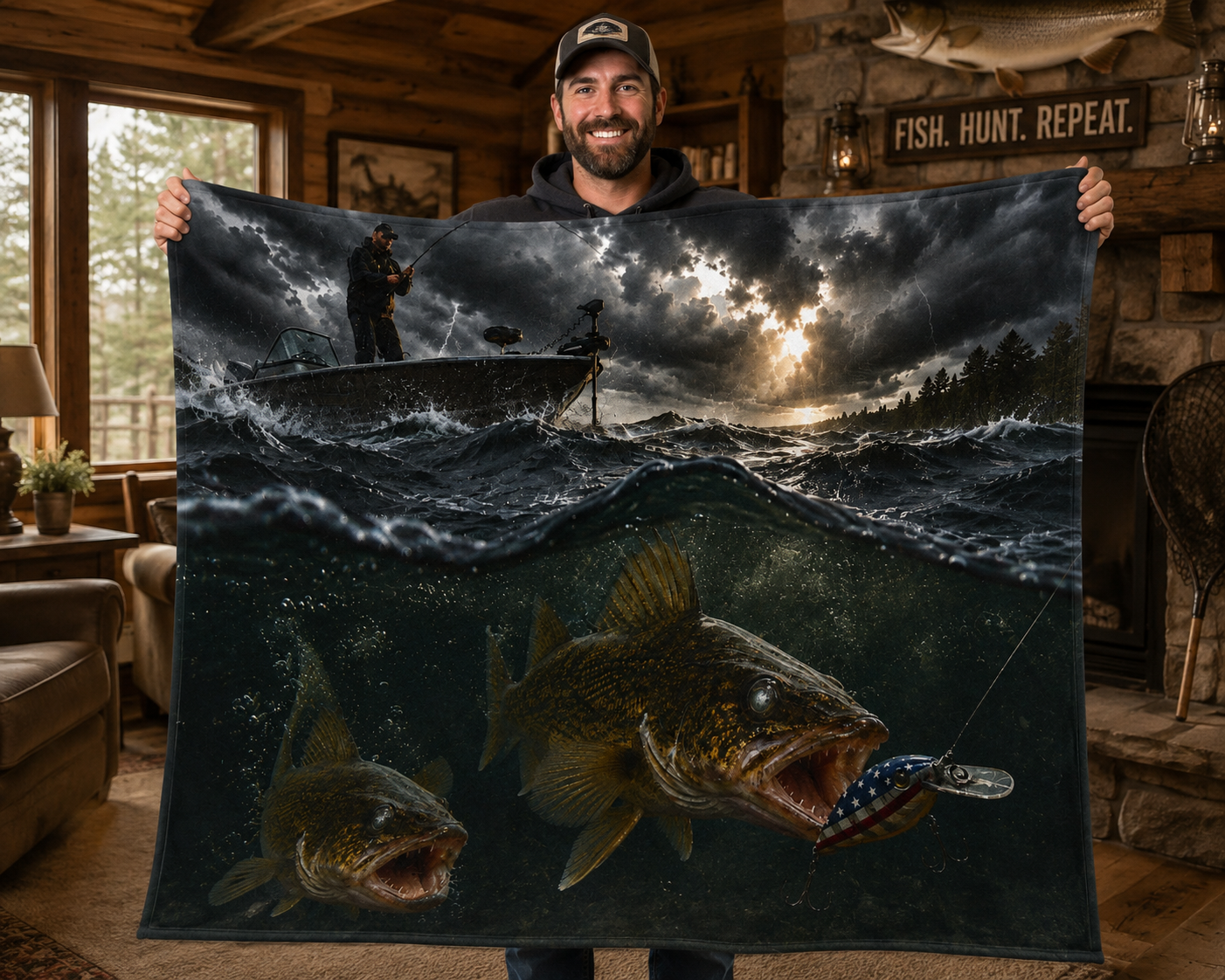 Walleye Fishing Soft Polyester Throw Blanket | Gift for Outdoor Loving Fisherman for Hunting, Camping, and Fishing Trips