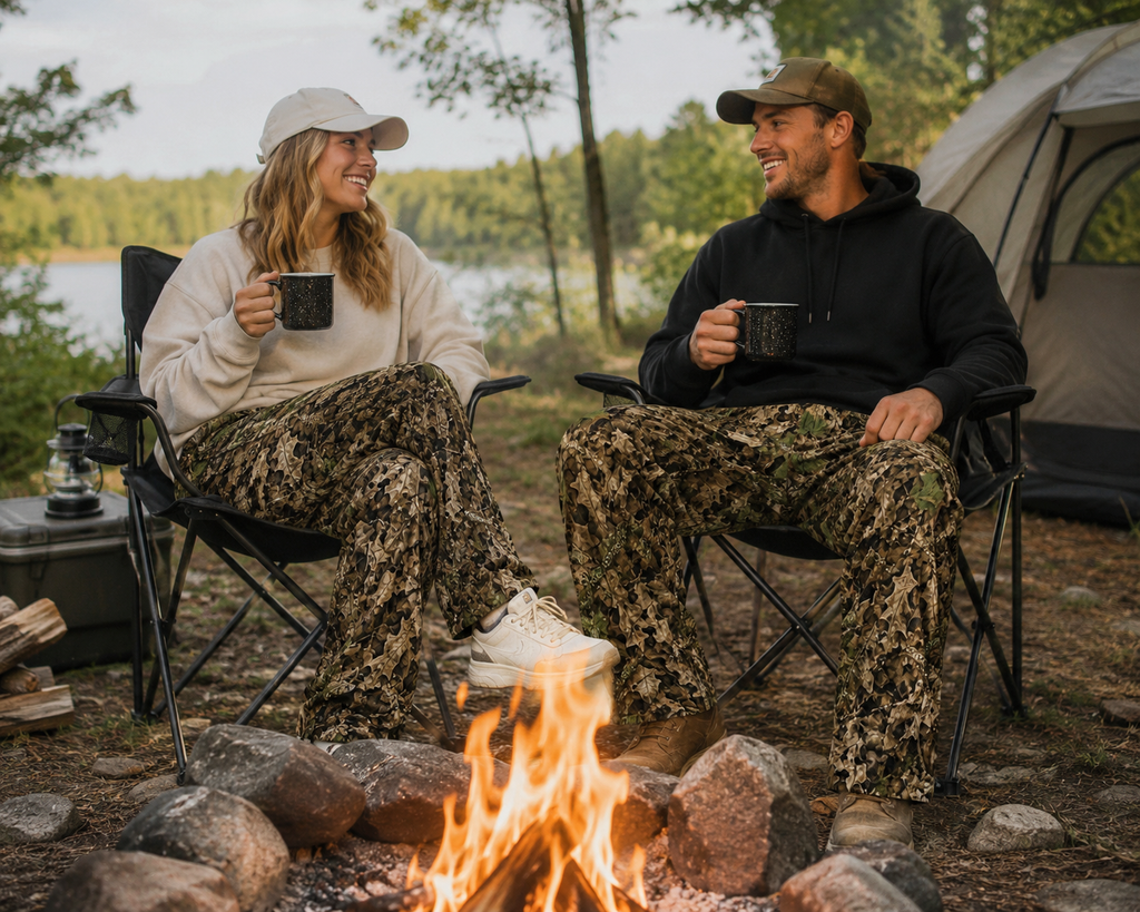 Men's and Women's Camo Sweatpants | Matching Unisex Comfy Camouflage Hunting Themed Wide Leg Pants for Outdoorsmen and Huntresses