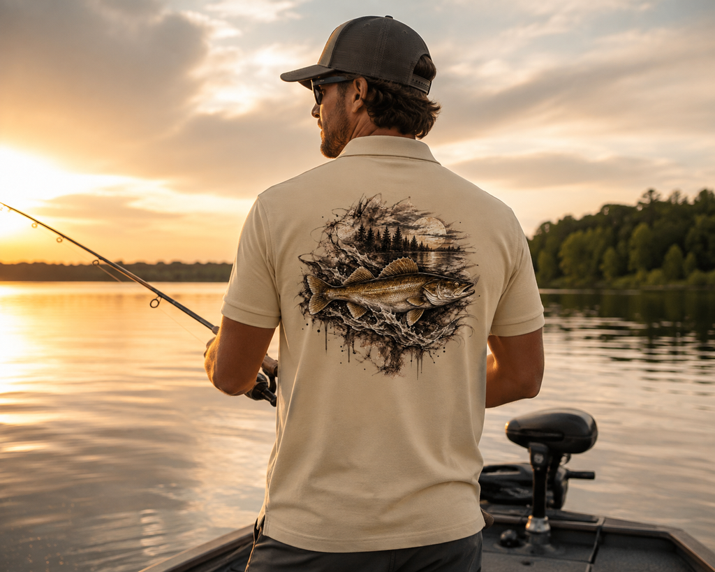 Men's Premium Walleye Fishing Polo | Guys Silky Fisherman Shirt for Fishing, Hunting, Camping, Tournaments, and Formal Events