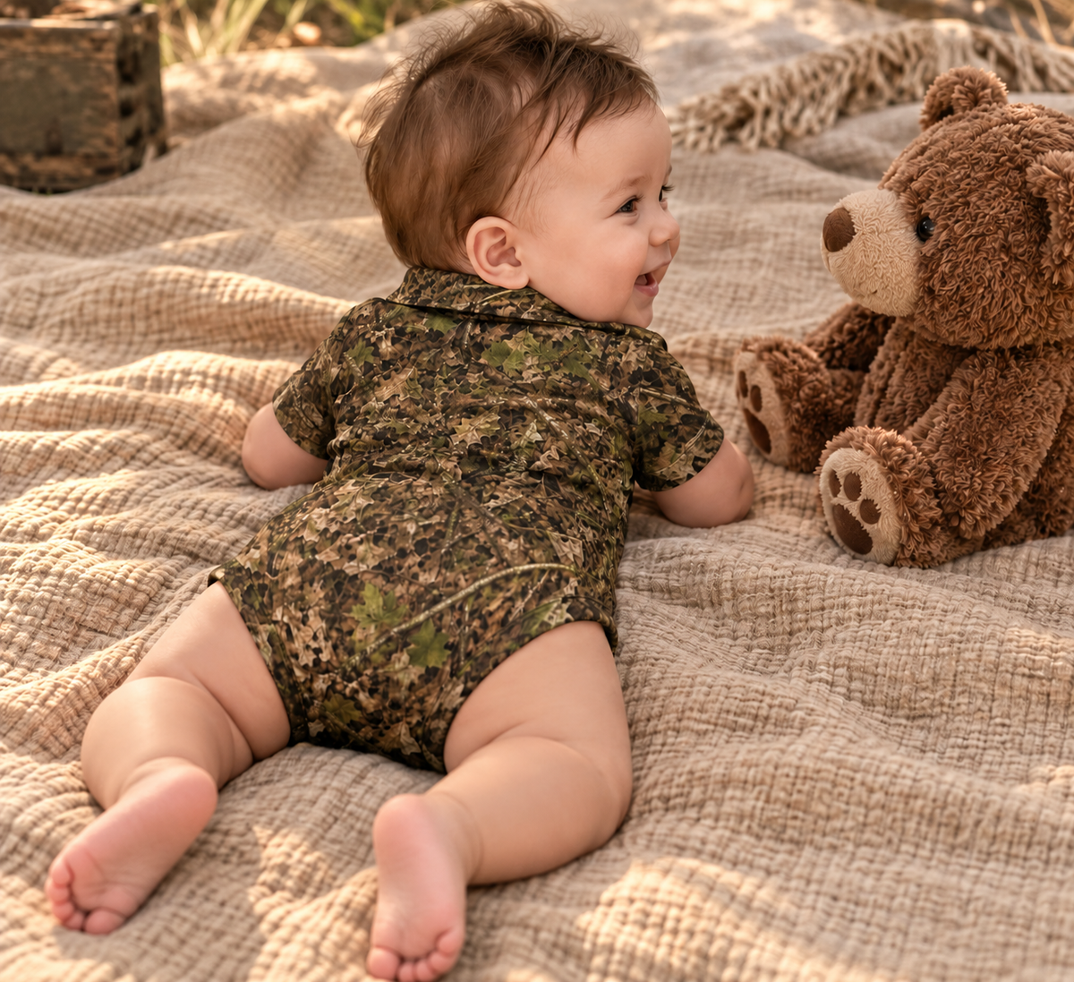 Baby Camo Short Sleeve Polo Romper | Infant Woodland Camouflage Onesie