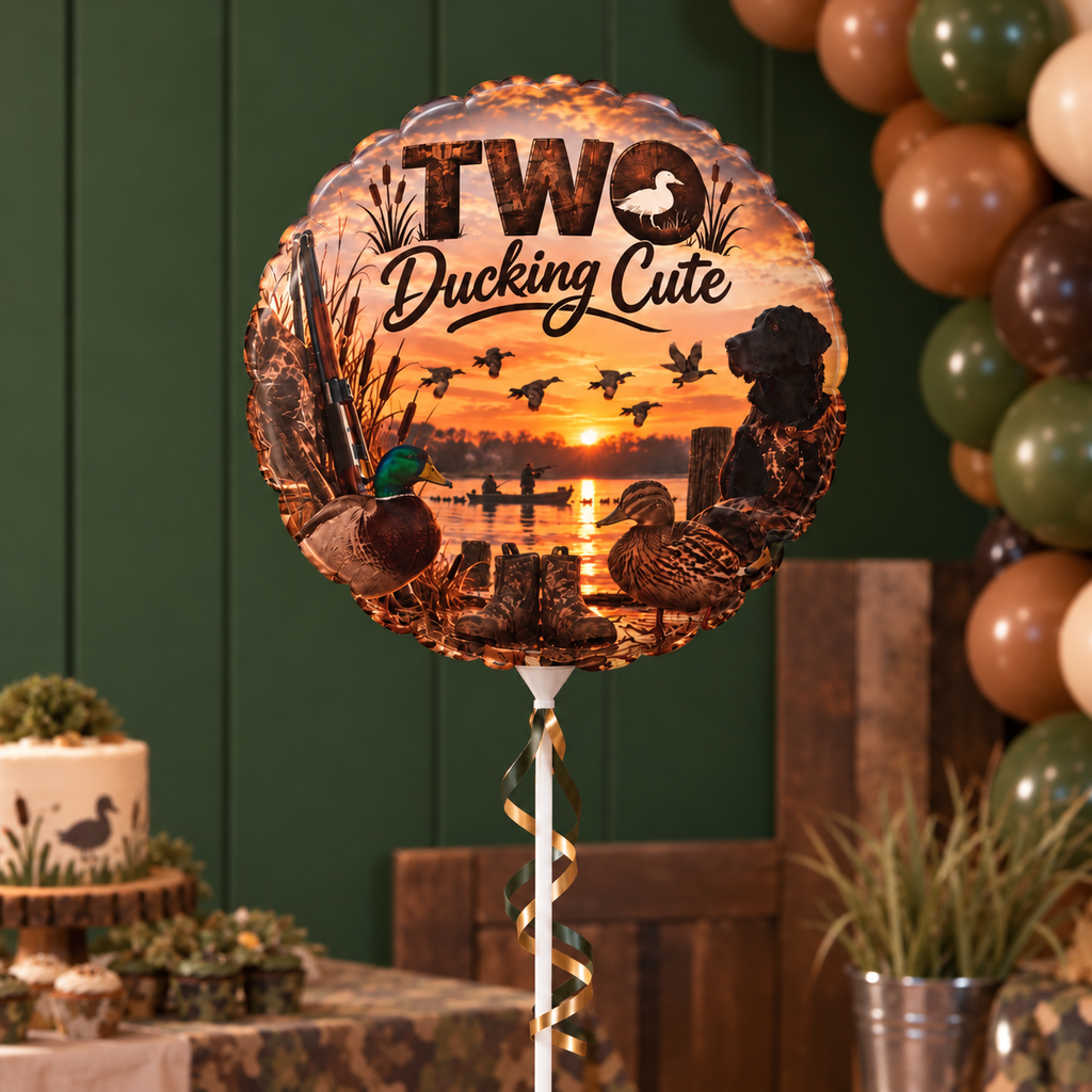 Two Ducking Cute Second Birthday Balloon l Duck Hunting Themed 11" Round Balloon for Outdoorsy Toddler Bday Party