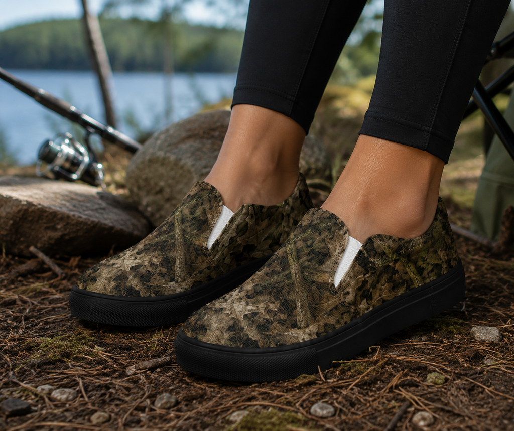 Women's Camo Canvas Shoes | Ladies Outdoorswomen Slip-on Canvas Shoes for Fishing, Camping, Boating, and Lounging