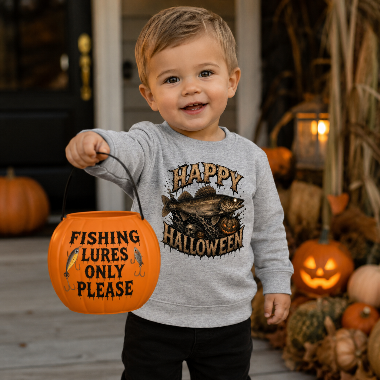 Toddler and Kids Halloween Fishing Sweatshirt | Youth Walleye Mini Monster Hunter Premium Sweater for Fishing, Camping, and Hunting Trips