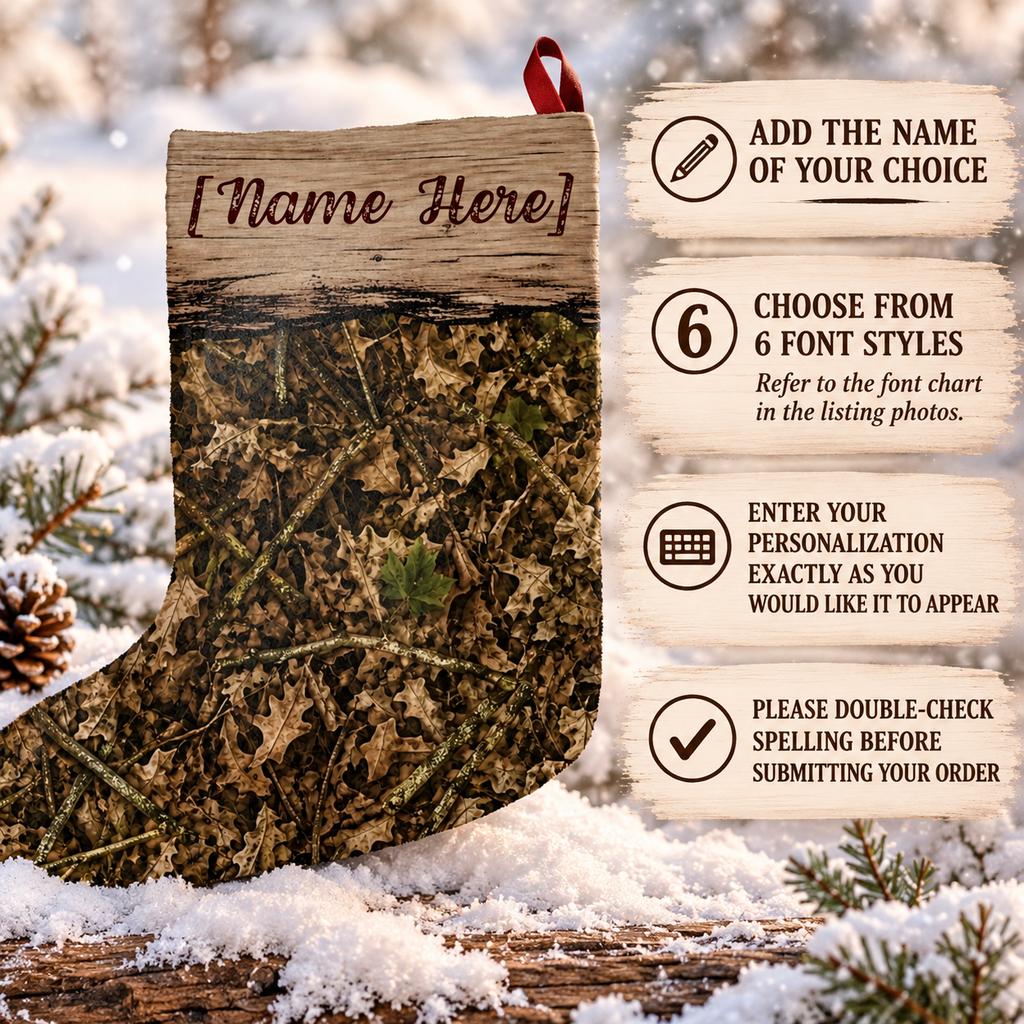 Personalized Camo Christmas Stocking | Woodland Camouflage Santa Stocking for Outdoorsy Hunting Families