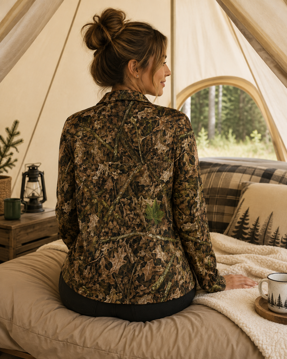Women’s Camouflage Long Sleeve Pajama Top | Ladies Camo Button-up Sleepwear Shirt for Hunting, Fishing, and Camping Lovers