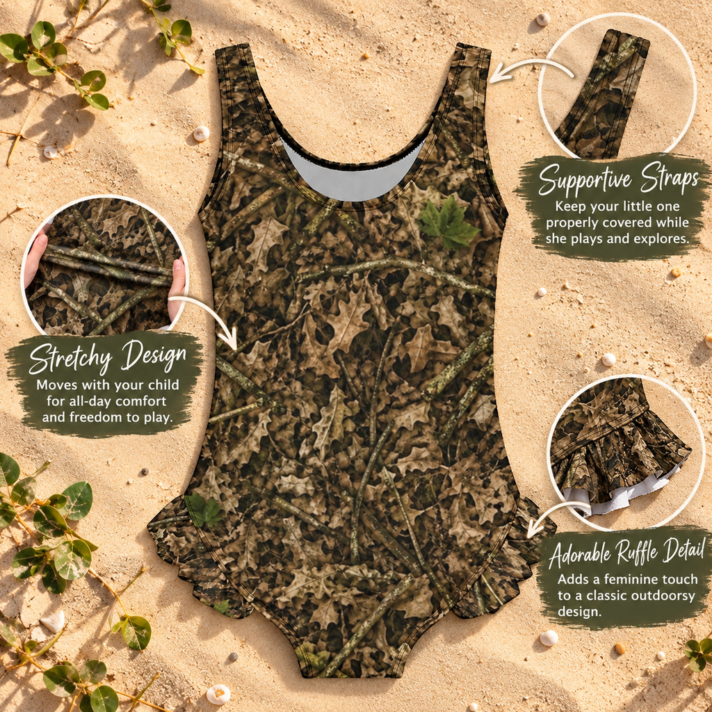 Girls Camouflage Ruffle Trim One Piece Swimsuit | Camo Swimwear for Outdoorsy Youth and Future Hunters