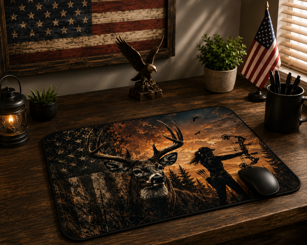 Patriotic Bow Hunting Mouse Pad | Rustic Deer & American Flag Desk Mat for Hunters