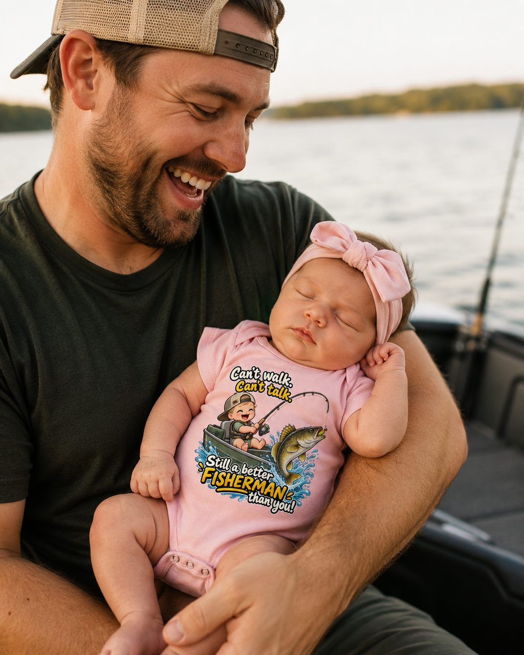 Funny Baby Fishing Onesie | Walleye Infant One-Piece Bodysuit | “Still a Better Fisherman Than You” Outdoorsy Newborn Outfit